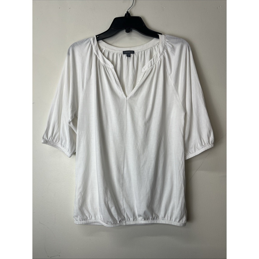 Lilla P Split Neck 3/4 Balloon Sleeve Cinched Elastic Hem White Shirt Medium